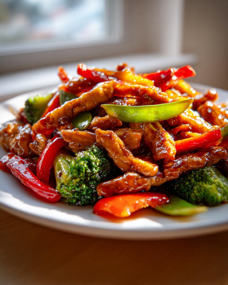 Close-up van een bord met glanzende Chicken Stir Fry, vol met stukjes kip, rode paprika, broccoli en peultjes.