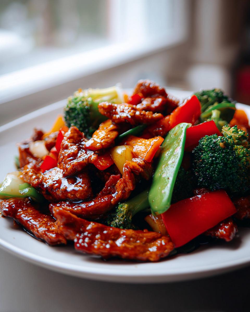 Close-up van een bord met sappige Chicken Stir Fry, bedekt met een donkere saus, broccoli, en paprika.