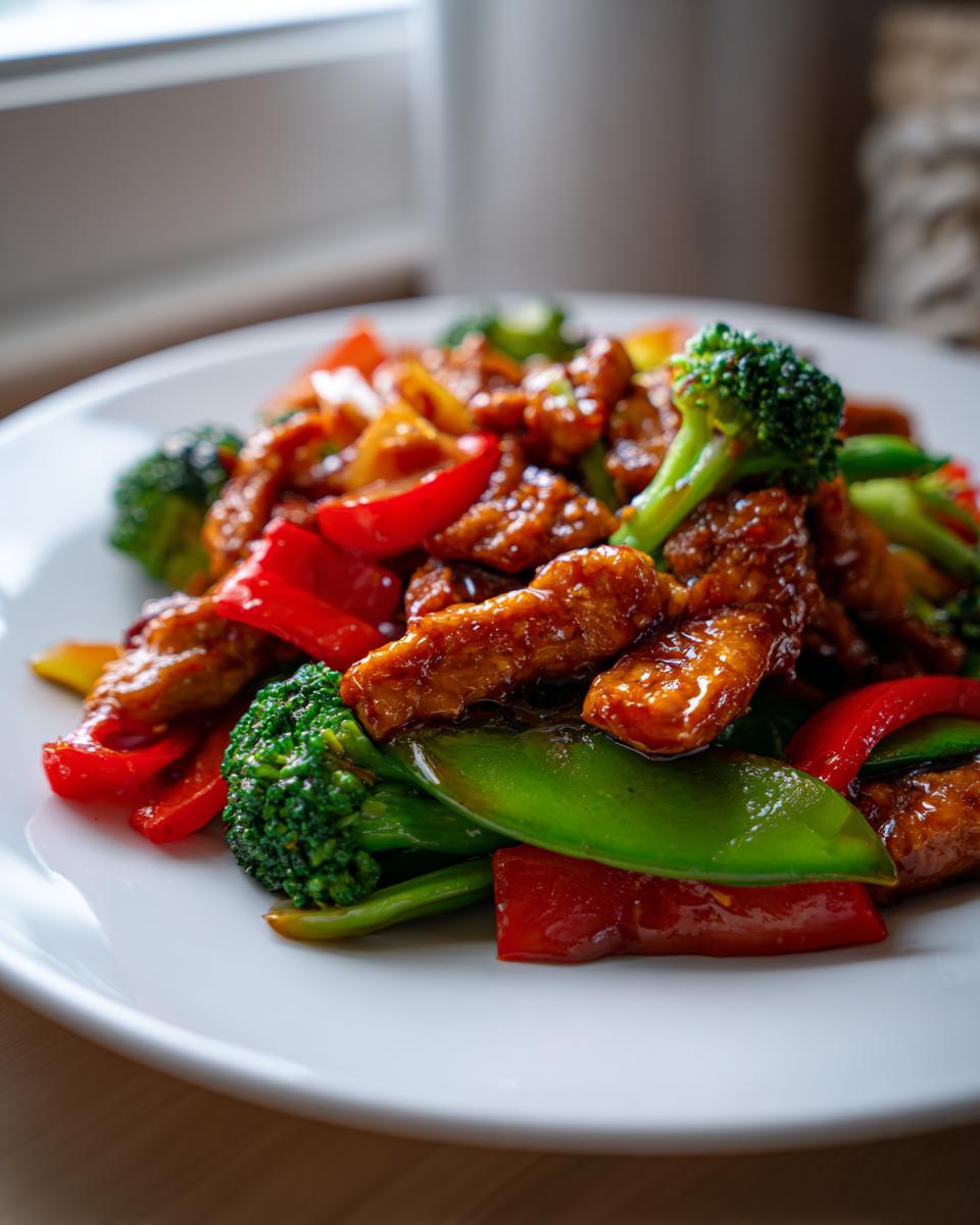 Close-up van een bord met glanzende Chicken Stir Fry, vol met stukjes kip, broccoli, rode paprika en peultjes.