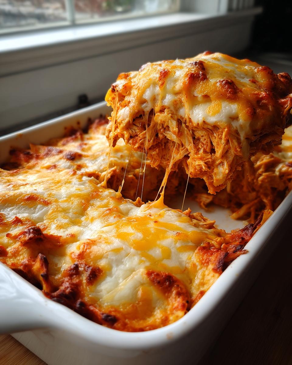 Een schep uit een ovenschaal met romige Kip Enchiladas, waarbij de gesmolten kaas draden trekt.