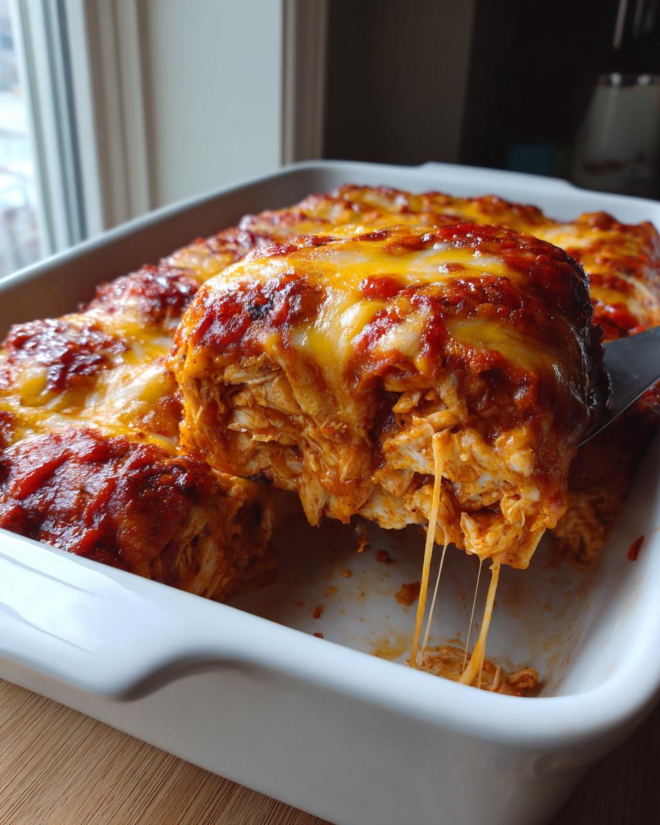Een schep heerlijke, smeu&iuml;ge Kip Enchiladas met veel gesmolten kaas uit een witte ovenschaal.