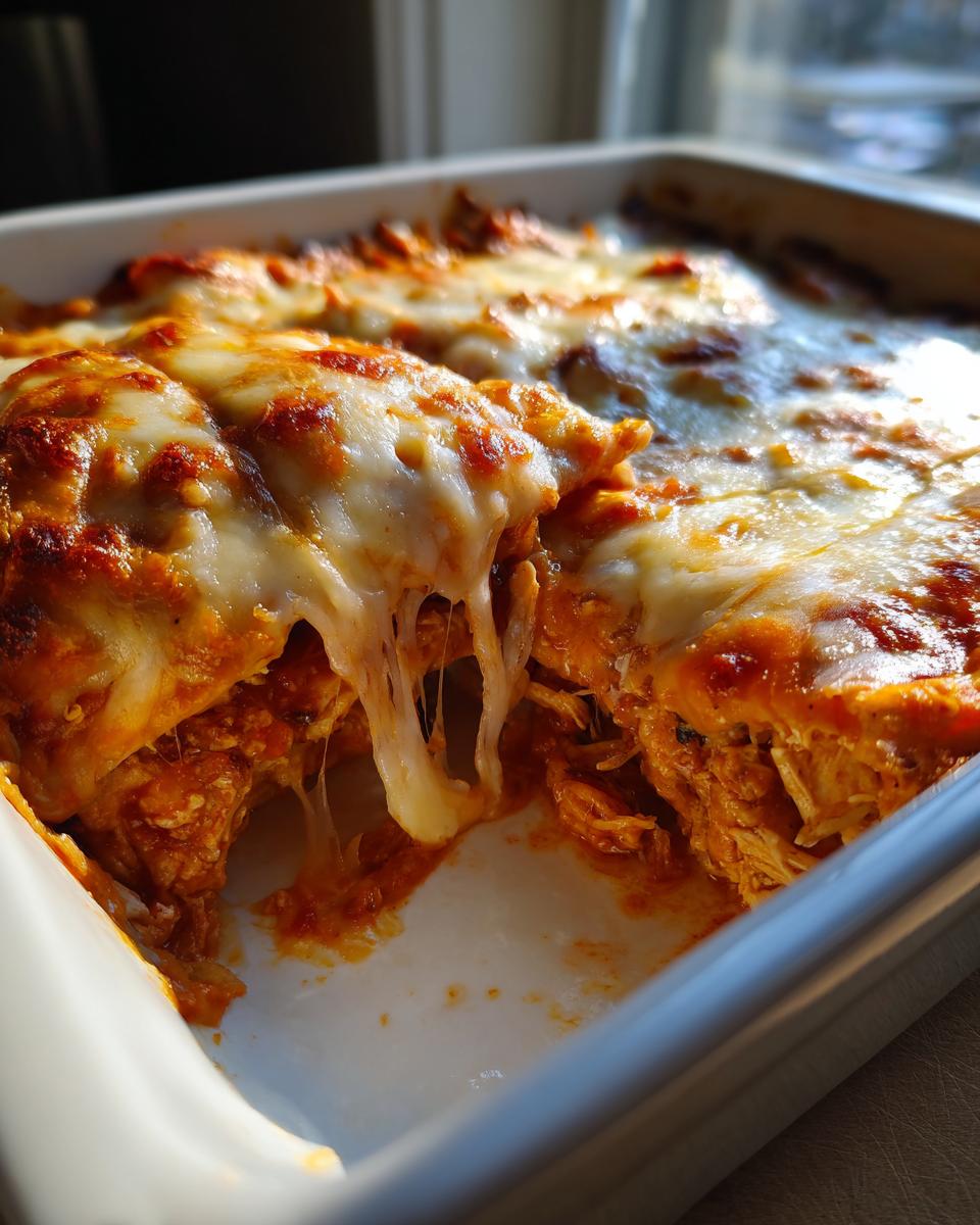 Een close-up van een schaal met hete Kip Enchiladas, waarbij de gesmolten kaas heerlijk uit elkaar trekt.