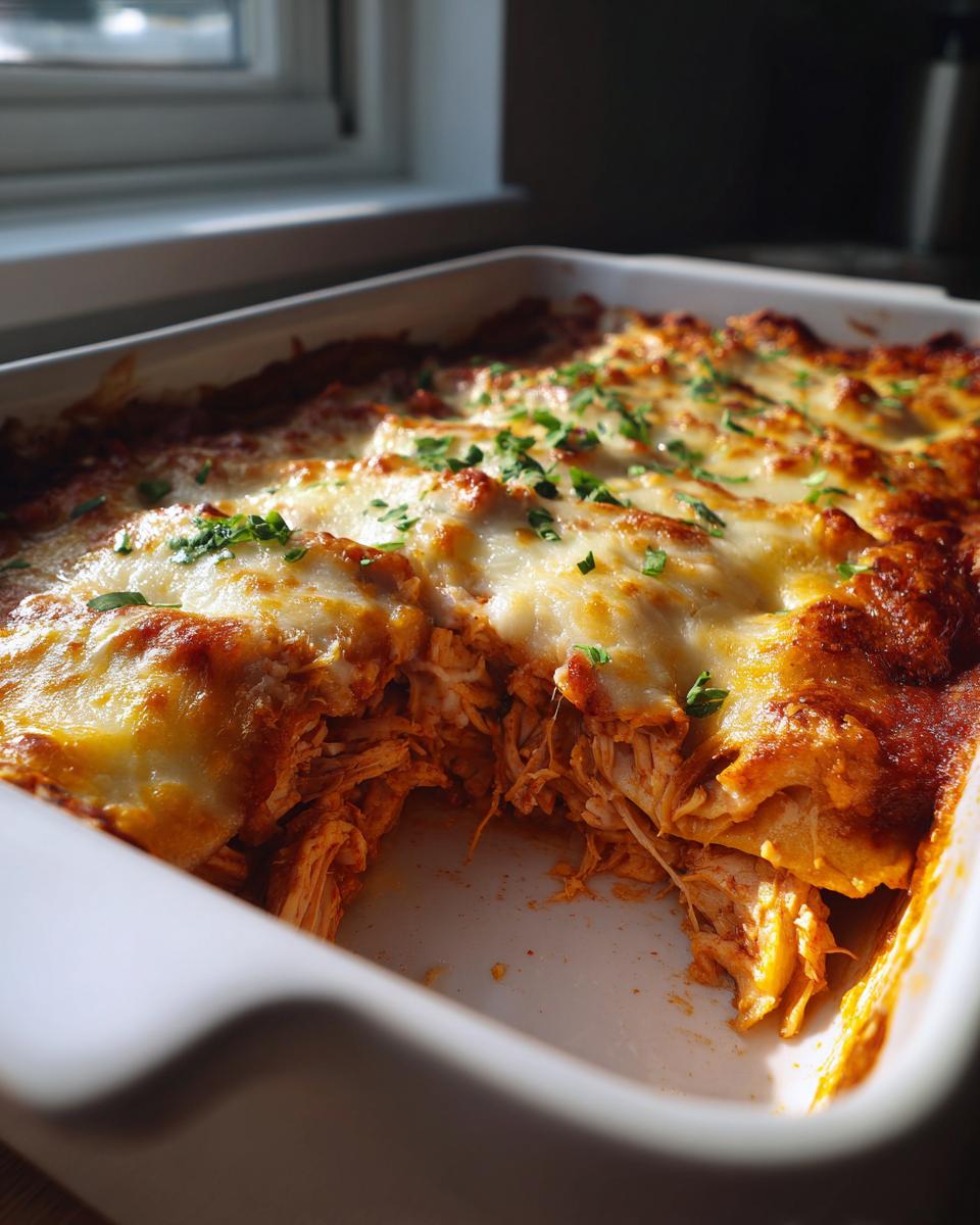 Close-up van een schaal met heerlijke Kip Enchiladas, bedekt met gesmolten kaas en peterselie.