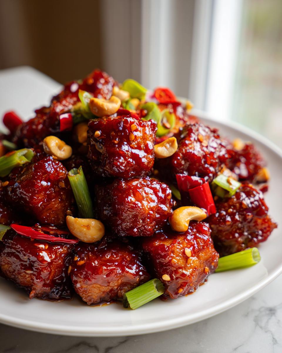 Close-up van een bord met glanzende, rood-bruine Kung Pao Tofu, gegarneerd met cashewnoten en lente-ui.