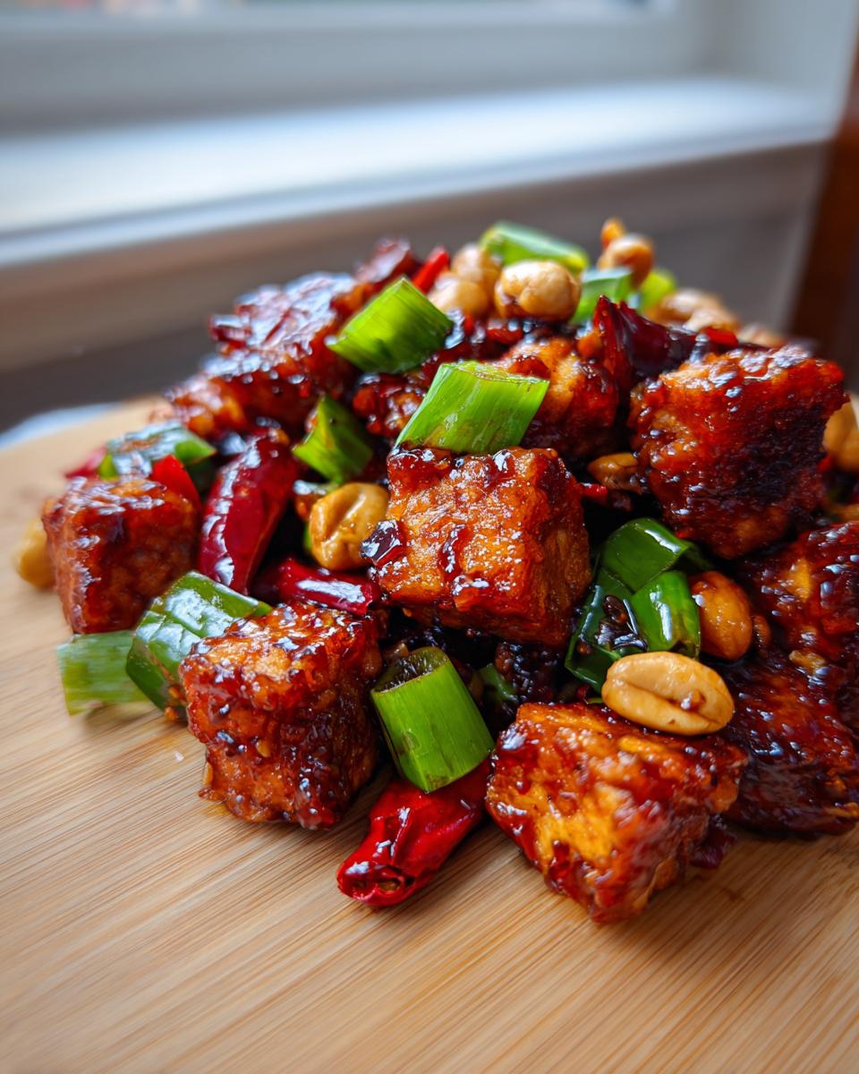 Dichtbij gefotografeerde blokjes krokante Kung Pao Tofu met pinda's, lente-ui en rode pepers.