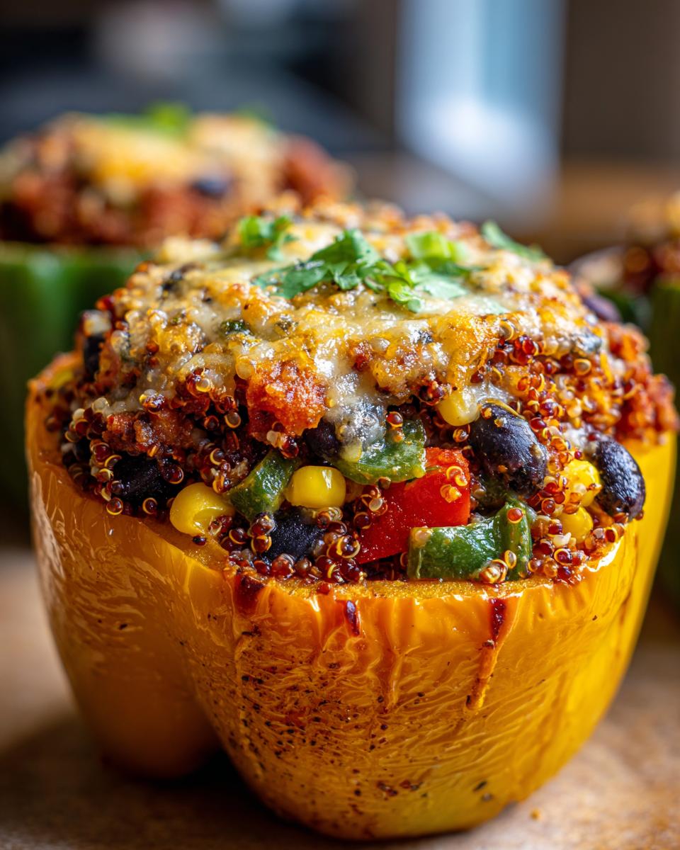 Close-up van een gele paprika gevuld met Southwestern Quinoa, bonen, maïs en gesmolten kaas.