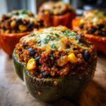 Close-up van een groene paprika gevuld met Southwestern Quinoa, bonen, ma&iuml;s en gesmolten kaas.