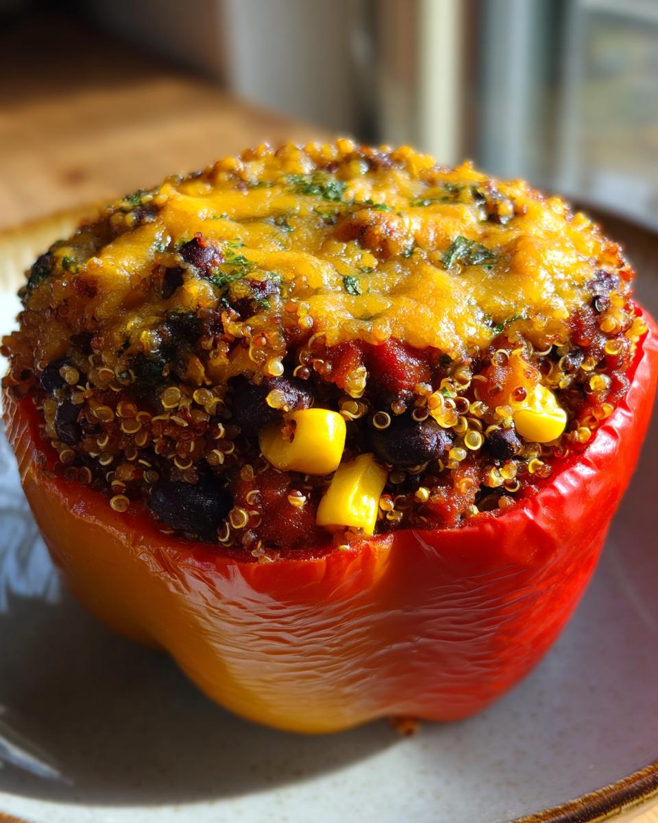 Close-up van een Southwestern Quinoa Gevulde Paprika met gesmolten kaas en maïs.
