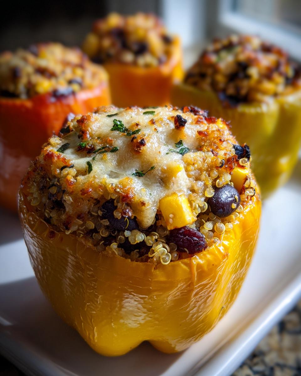 Gedetailleerde close-up van een gele Southwestern Quinoa Stuffed Pepper met gesmolten kaas.