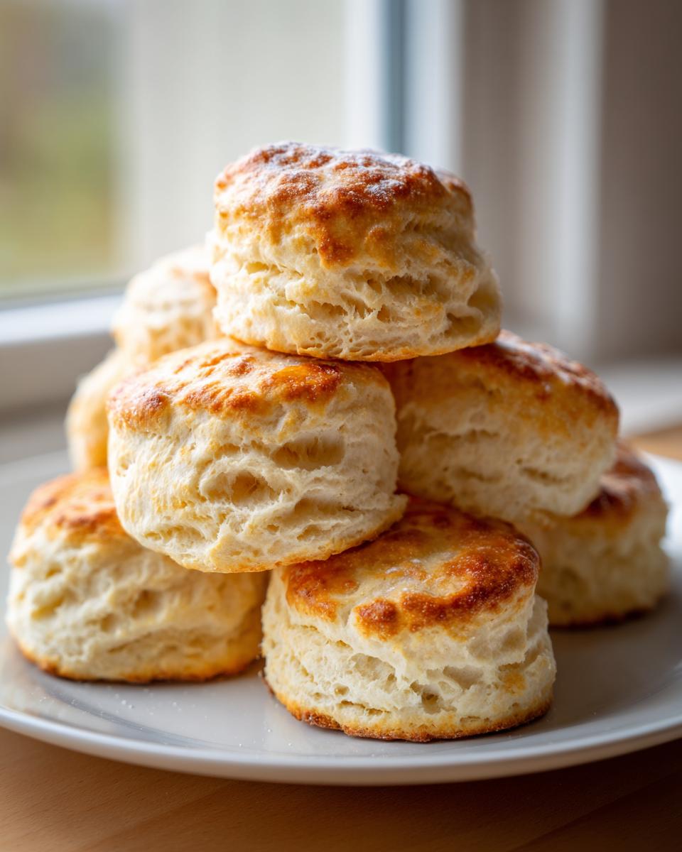 Een stapel van zes goudbruin gebakken Drop Scones op een witte schotel.