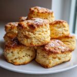 Close-up van een stapel versgebakken, goudbruine Drop Scones, licht bestrooid met poedersuiker.