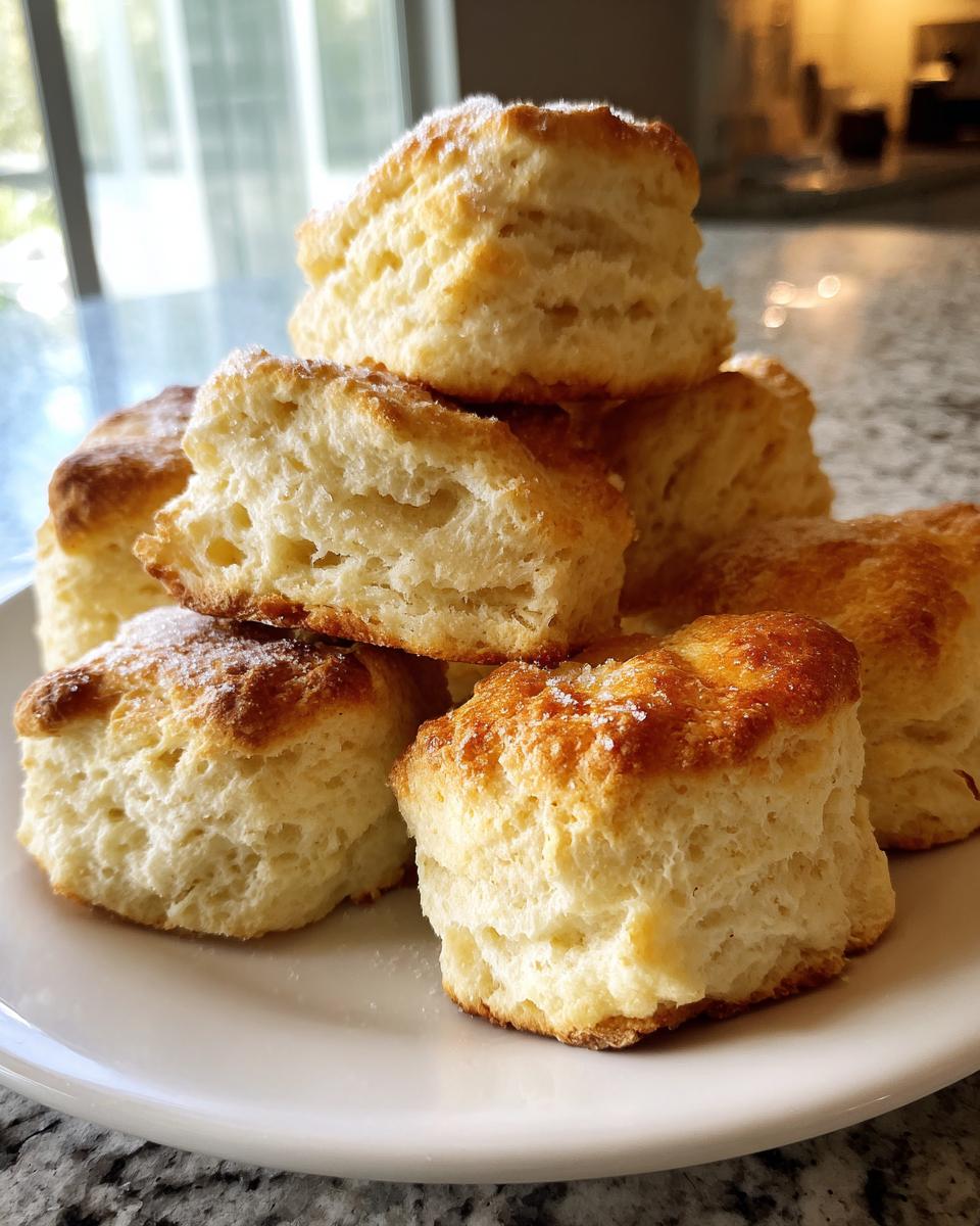 Close-up van een stapel luchtige, goudbruine Drop Scones bestrooid met suiker op een wit bord.