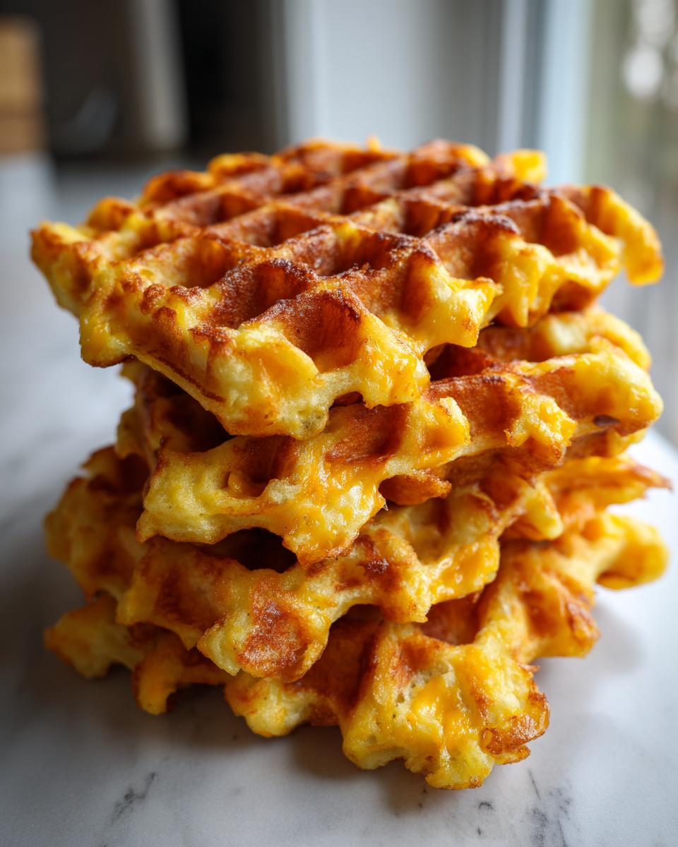 Close-up van een stapel goudbruine, krokante Kaas Aardappelwafels op een marmeren ondergrond.