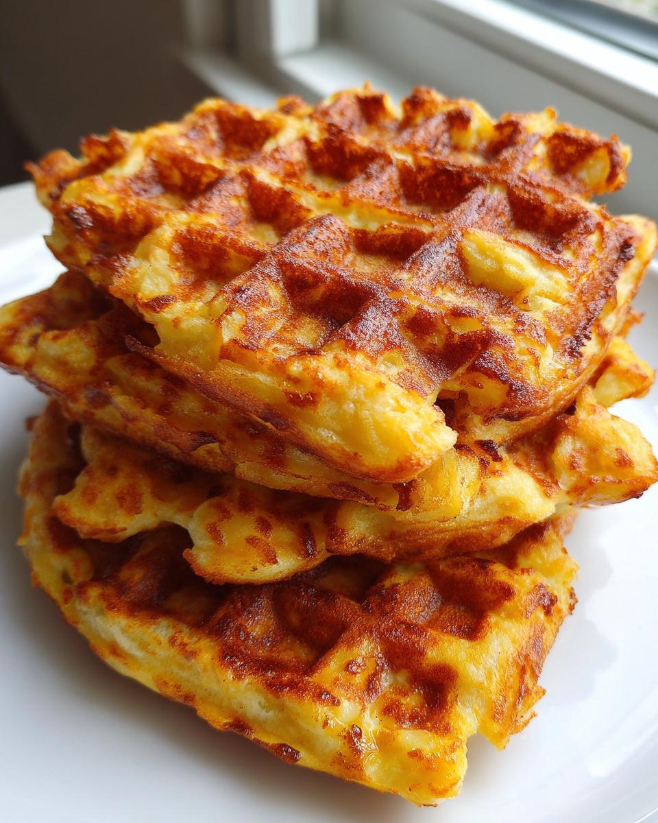 Een stapel goudbruine, krokante Kaas Aardappelwafels op een wit bord, dichtbij gefotografeerd.