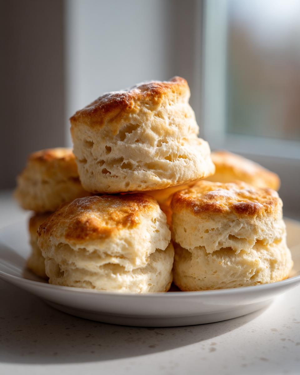 Een stapel van vijf goudbruine, luchtige Drop Scones op een wit bord, besprenkeld met poedersuiker.