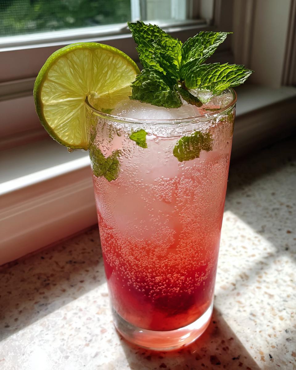 Hoog glas met Strawberry Mint Sparkling Limeade, gegarneerd met limoenschijfje en munt.