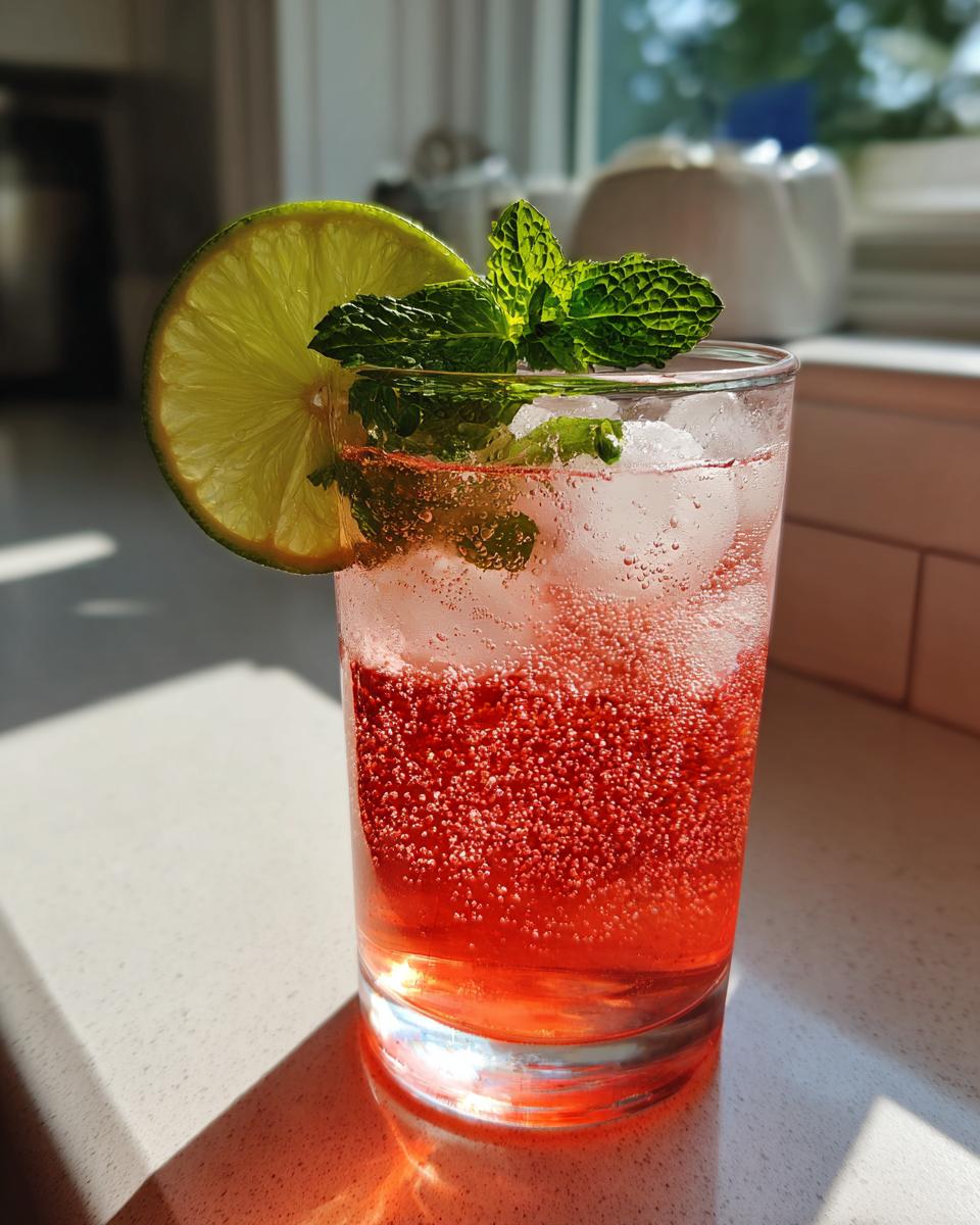 Een hoog glas met bruisende Strawberry Mint Sparkling Limeade, gegarneerd met limoenschijfje en munt.