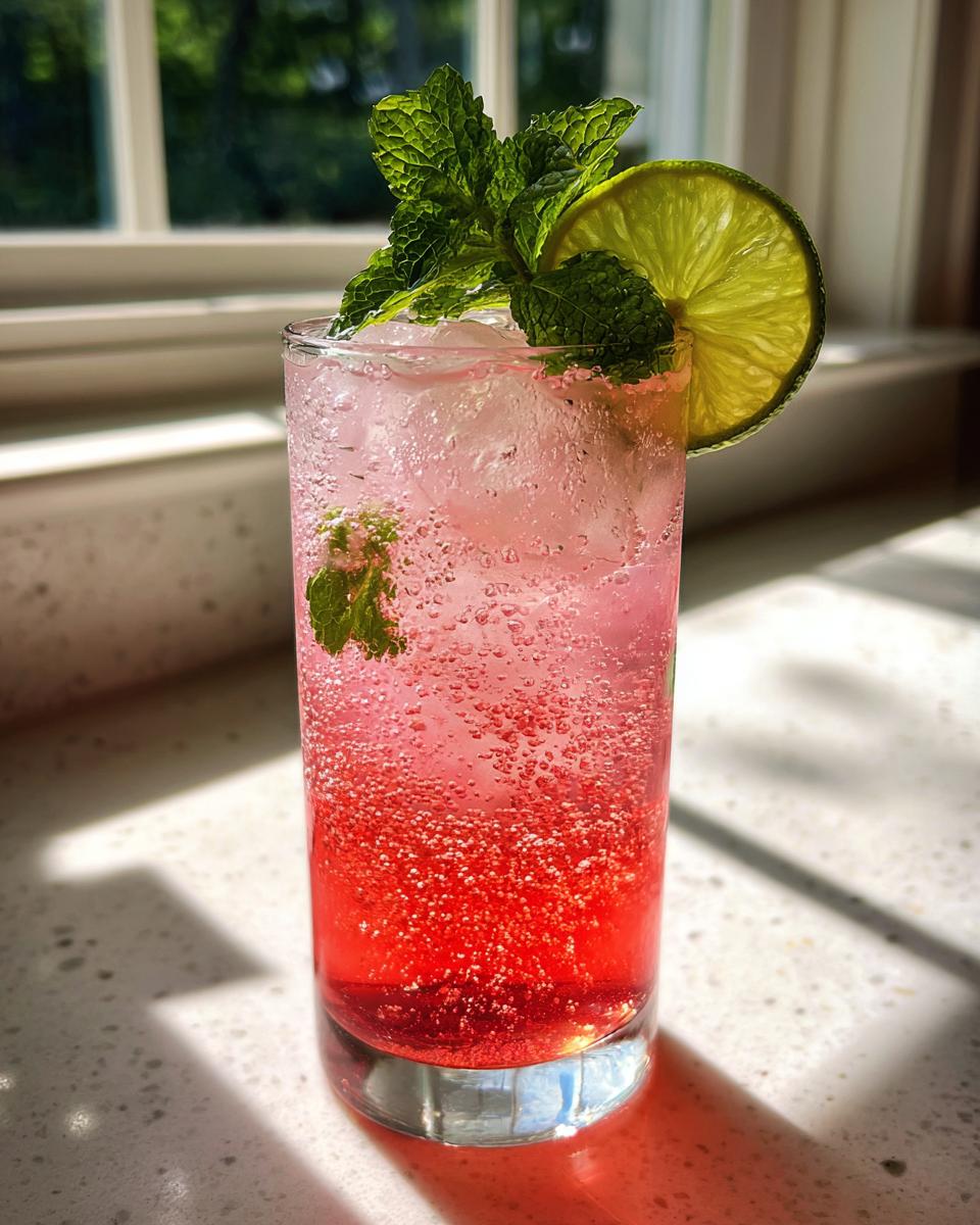Hoog glas met roze Strawberry Mint Sparkling Limeade, ijs, munt en een schijfje limoen.