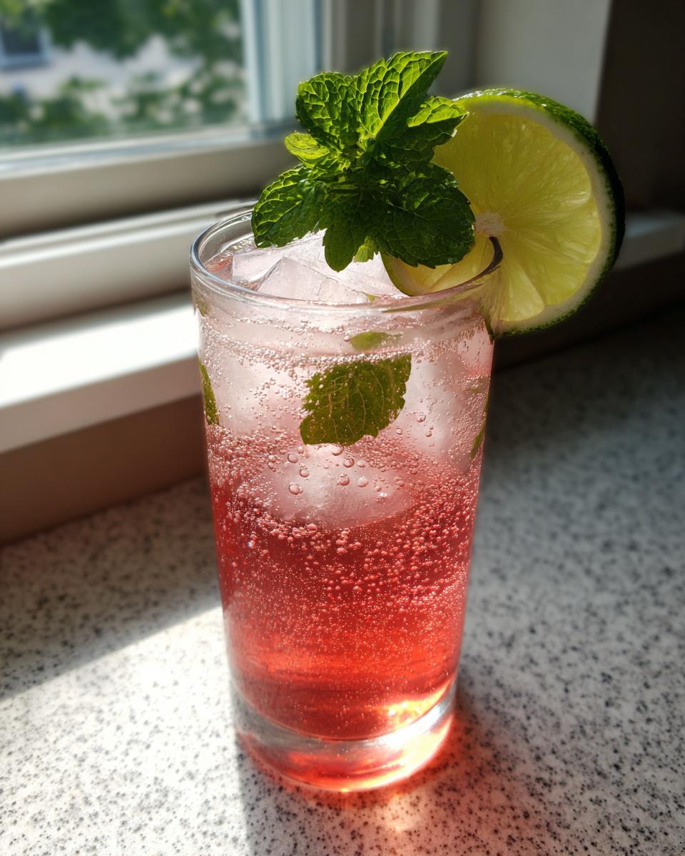 Een hoog glas met Strawberry Mint Sparkling Limeade, ijsblokjes, munt en een schijfje limoen.