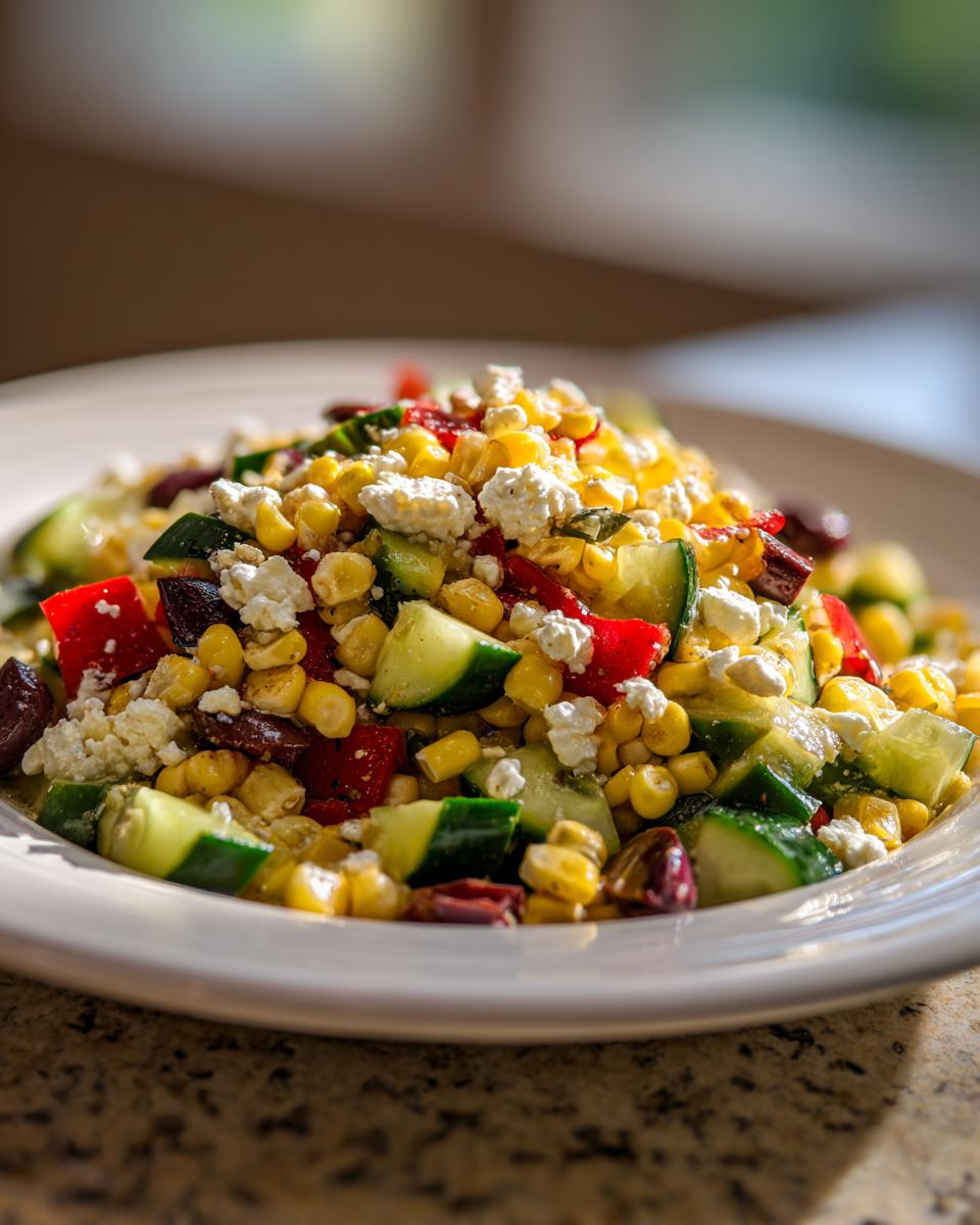 Gedetailleerde close-up van een Sweet Corn Mediterranean Salad met maïs, komkommer, rode paprika en feta.