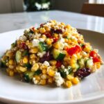 Garnituur van Sweet Corn Mediterranean Salad met ma&iuml;s, komkommer, feta en olijven op een wit bord.