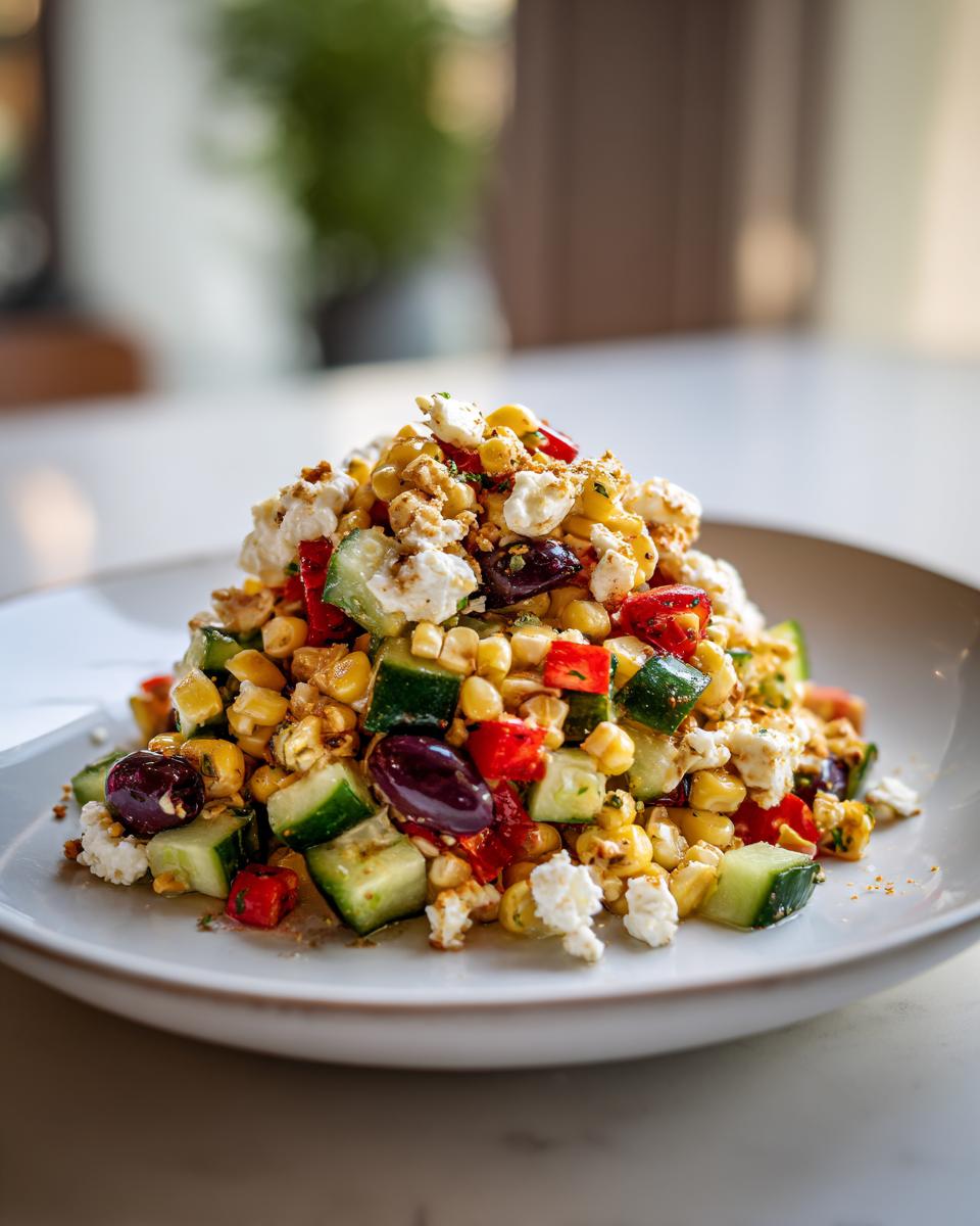 Gedetailleerde close-up van een portie Sweet Corn Mediterranean Salad met maïs, komkommer, olijven en feta.