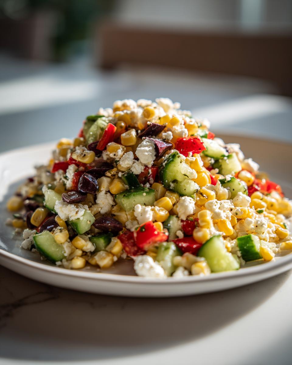 Gedetailleerde close-up van een portie Sweet Corn Mediterranean Salad met maïs, komkommer, feta en olijven.