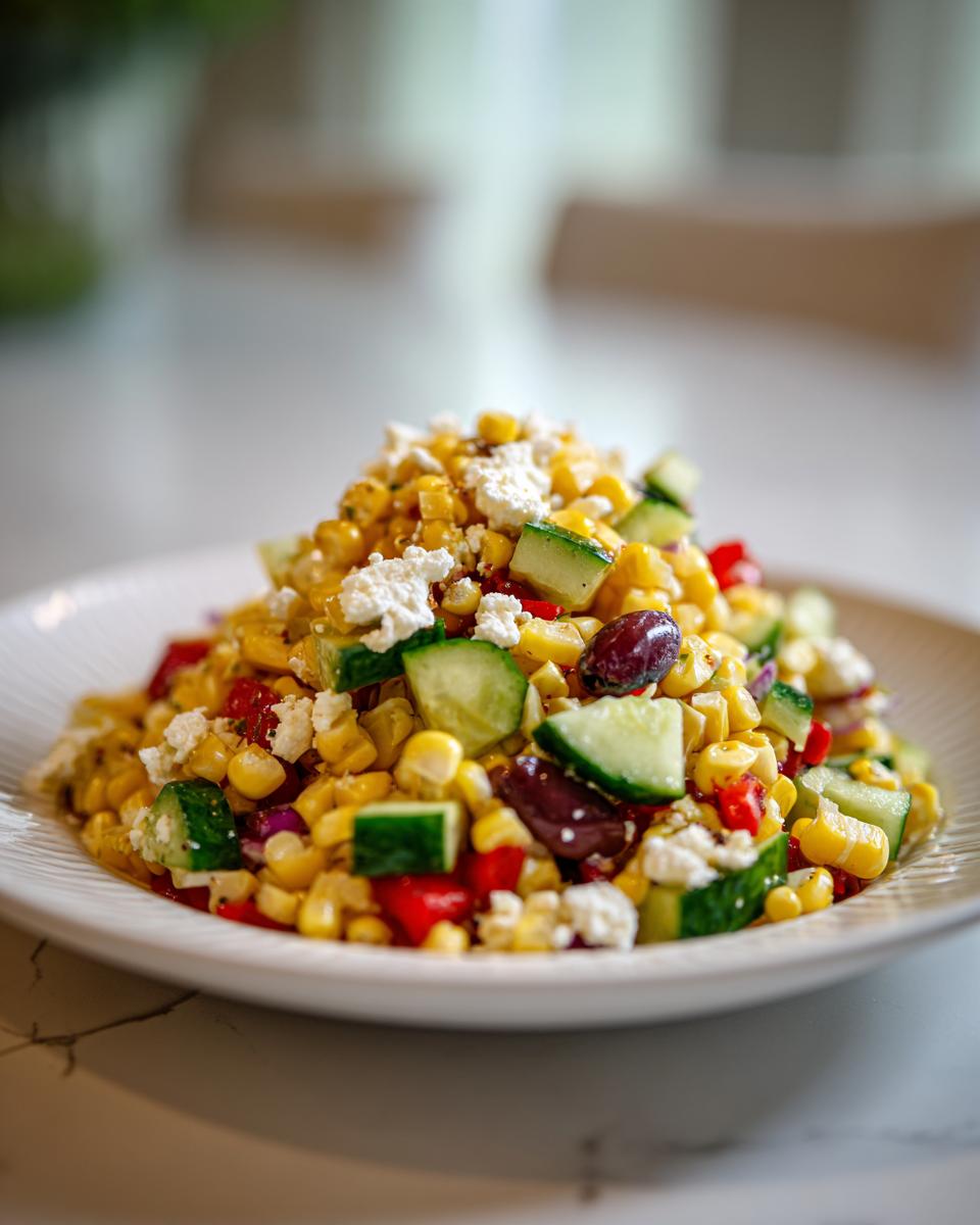 Gedetailleerde close-up van een portie Sweet Corn Mediterranean Salad met feta en komkommer.