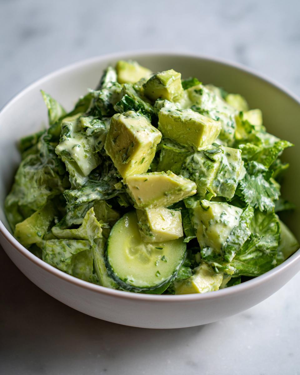 Close-up van een kom met romige Tiktok Green Goddess Salad, stukjes avocado en komkommer.