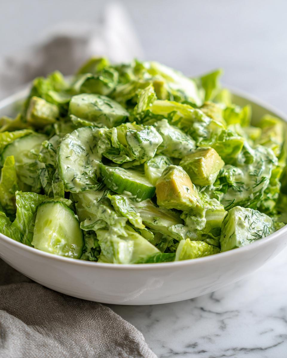 Close-up van een witte kom gevuld met de romige Tiktok Green Goddess Salad met sla, komkommer en avocado.