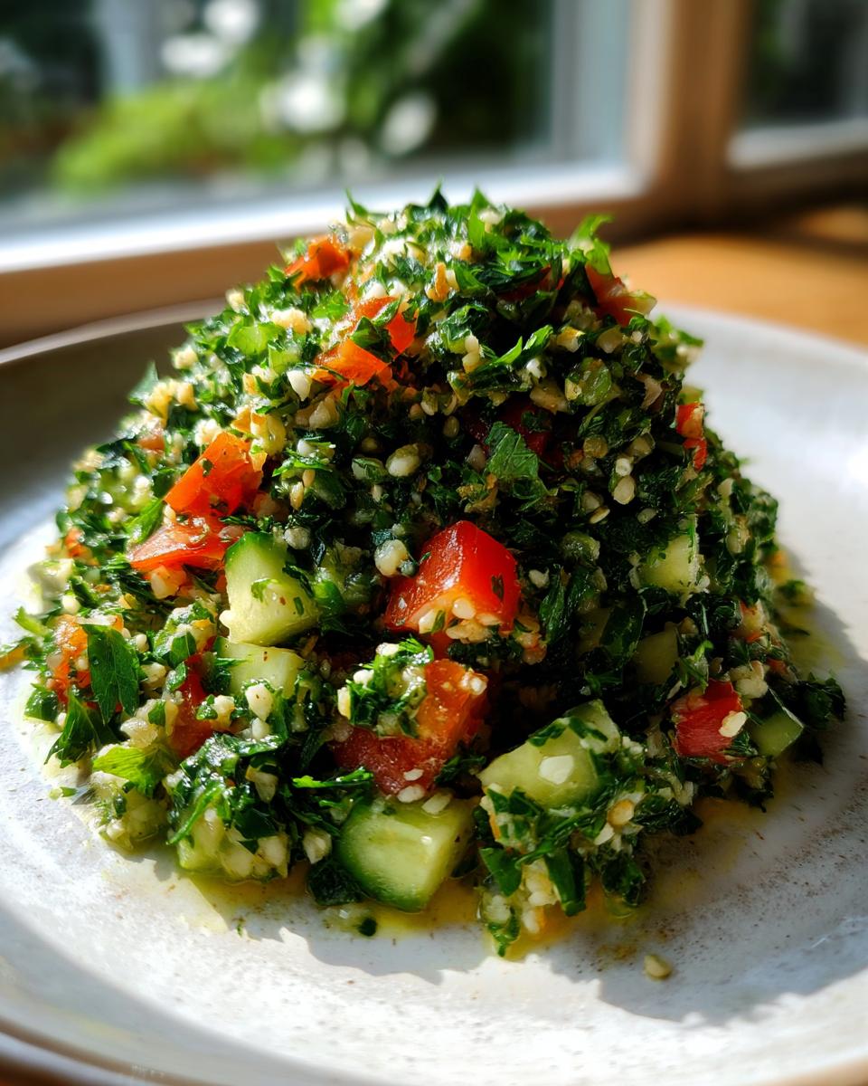 Close-up van een bergje verse Tabbouleh Salad met veel peterselie, blokjes tomaat en komkommer op een licht bord.