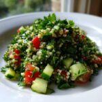 Close-up van een portie verse Tabbouleh Salad met veel peterselie, tomaat en komkommer op een wit bord.