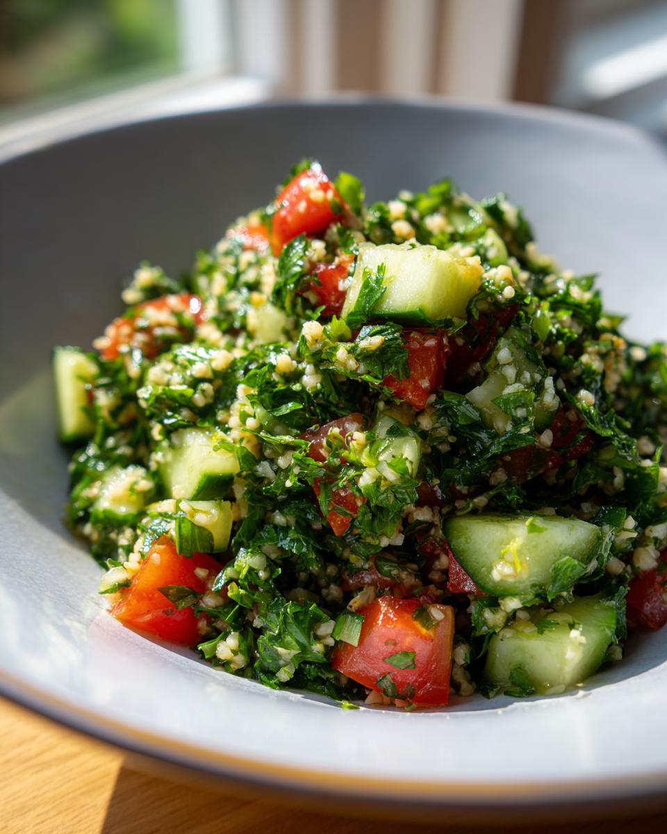 Close-up van een kom verse Tabbouleh Salad met veel peterselie, blokjes tomaat en komkommer.