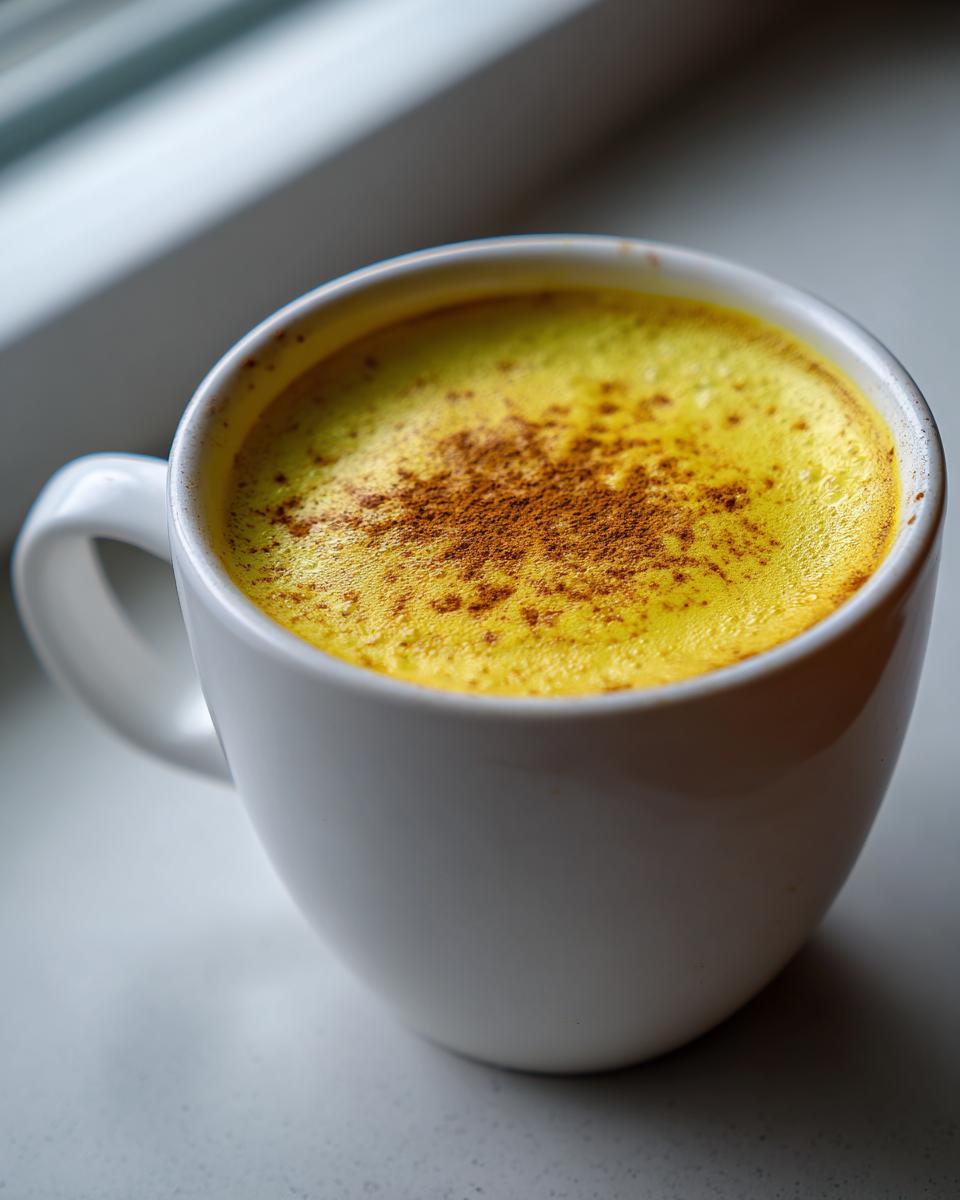 Close-up van een witte mok gevuld met een felgele Golden Milk Latte, gegarneerd met kaneelpoeder.