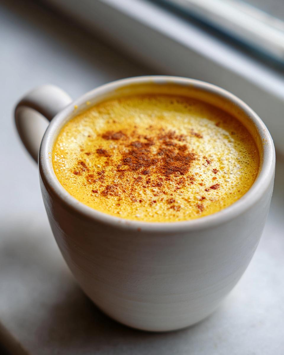 Close-up van een warme Golden Milk Latte in een witte mok, gegarneerd met kaneelpoeder.