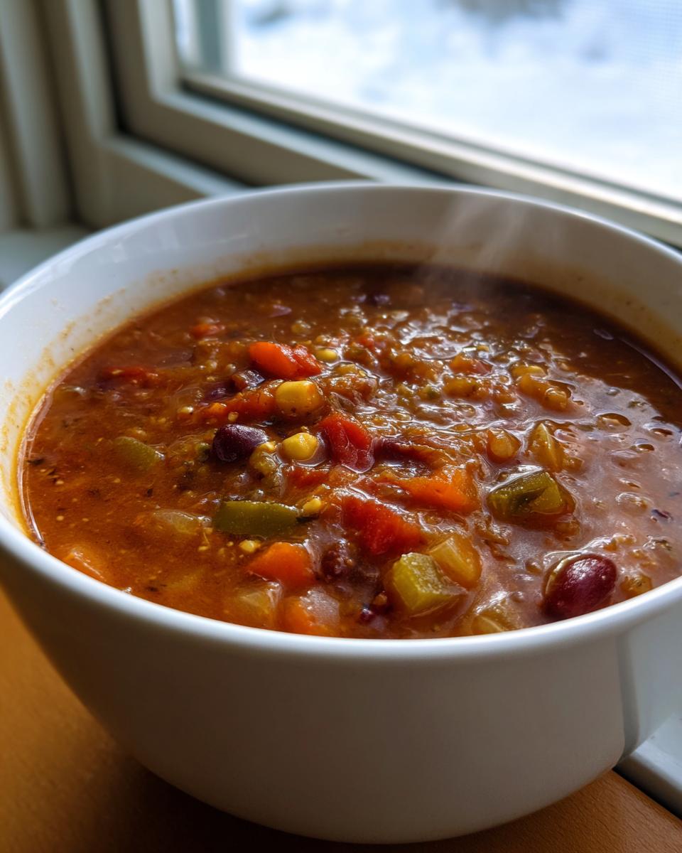 Close-up van een dampende kom met rijke Minestrone Soup vol groenten en bonen.