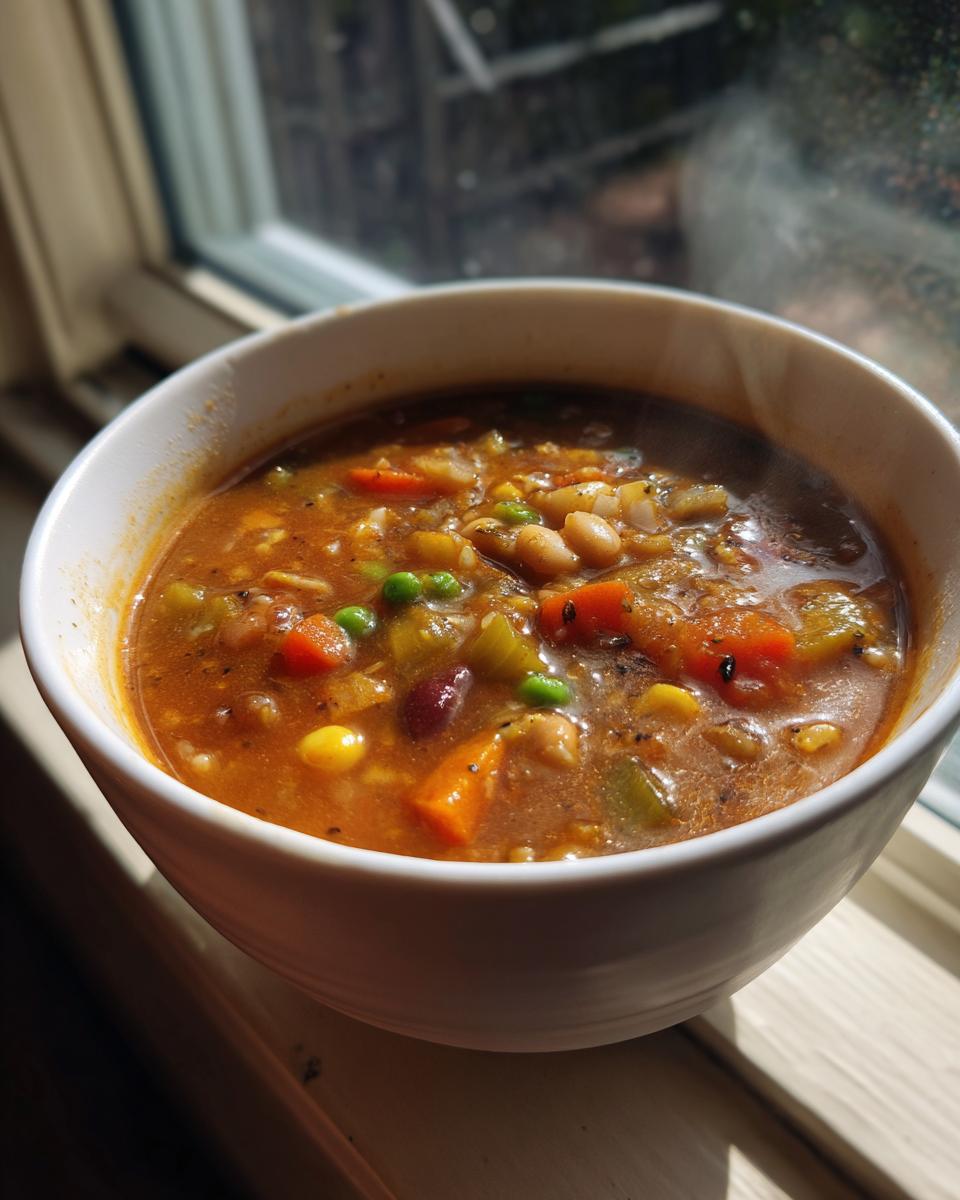 Close-up van een dampende witte kom met rijke Minestrone Soup vol groenten zoals wortel, erwtjes en bonen.