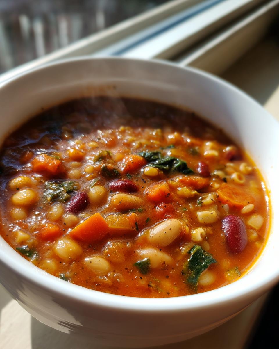 Close-up van een dampende kom Minestrone Soup, rijk aan witte bonen, kidneybonen, wortelblokjes en groene bladgroenten.
