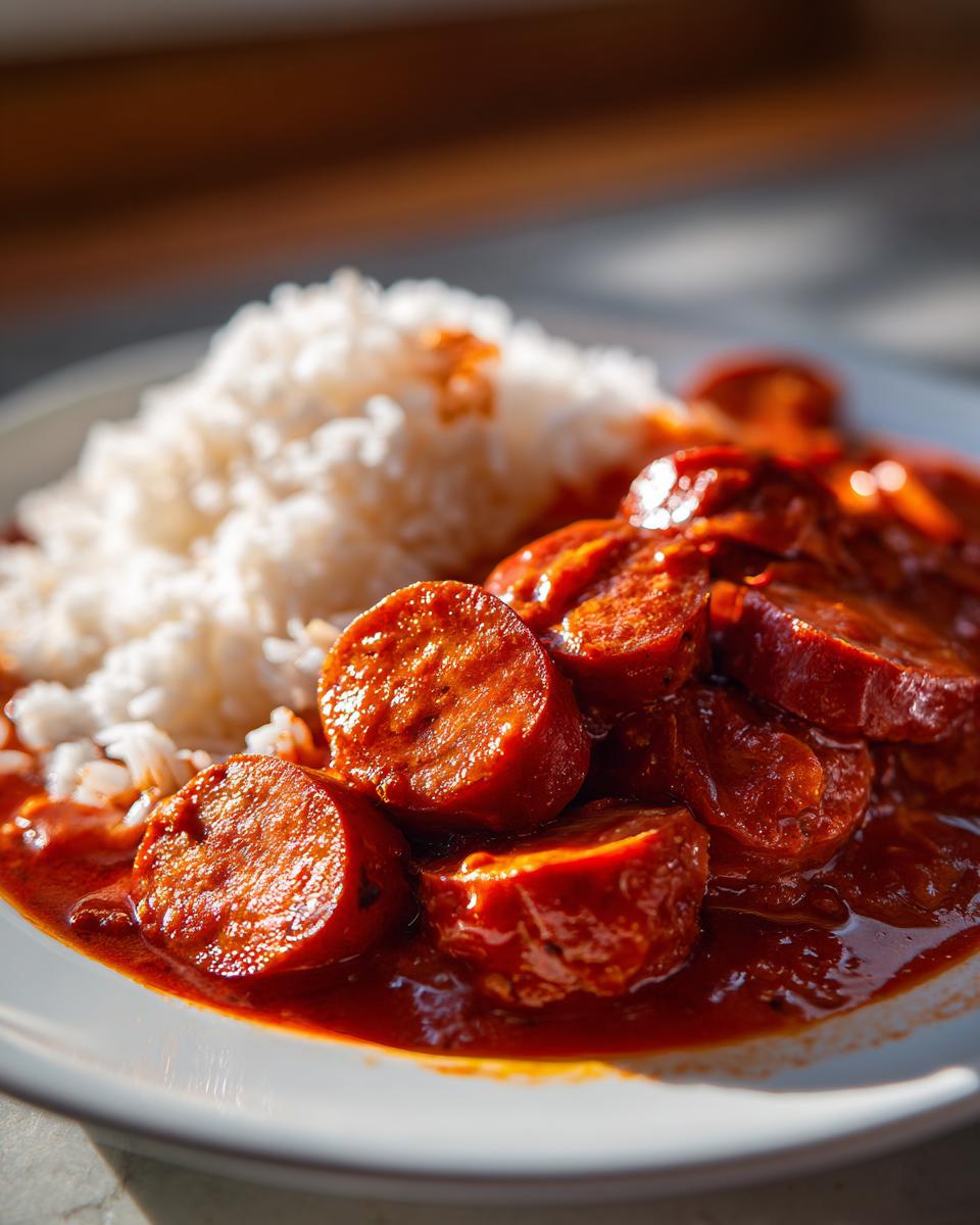 Close-up van gesneden worst in rode saus geserveerd met witte rijst, een heerlijk Sausage And Rice gerecht.