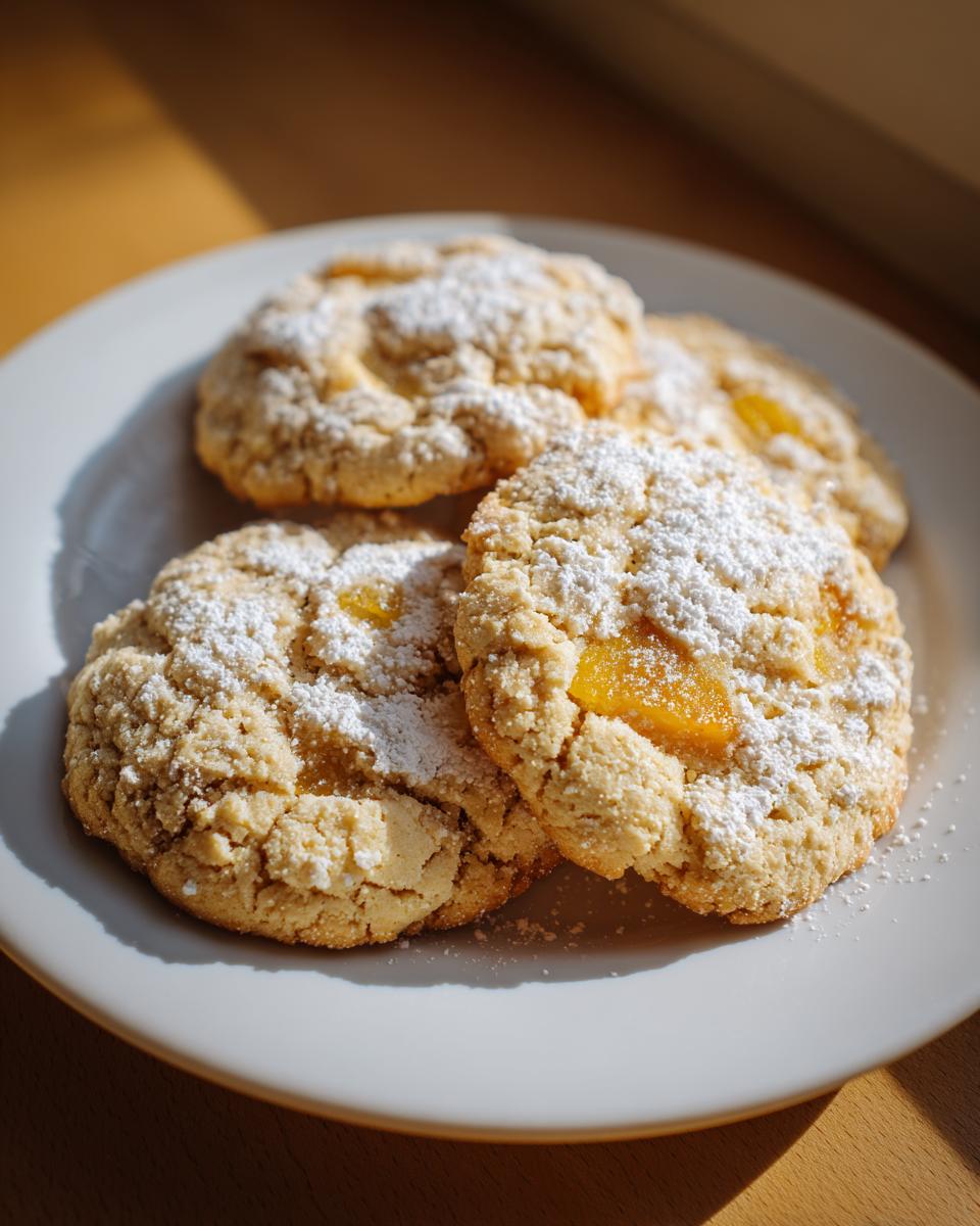 Drie zachte Peach Cookies, bestrooid met poedersuiker, liggen op een wit bord in het zonlicht.
