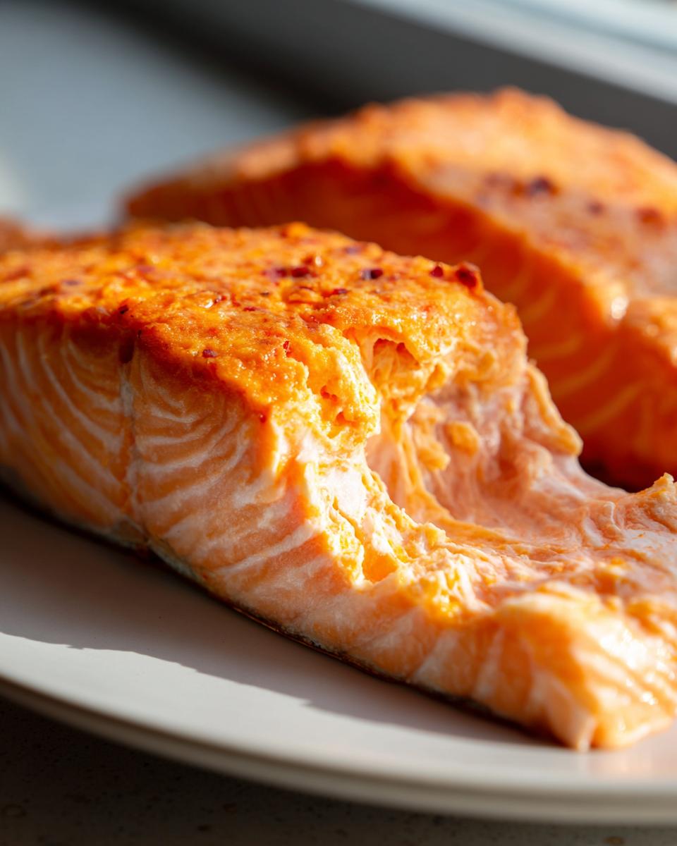 Close-up van een goudoranje, gekookte zalmfilet met een pittige Cajun-kruidenlaag, klaar om geserveerd te worden als onderdeel van Creamy Cajun Stuffed Salmon.