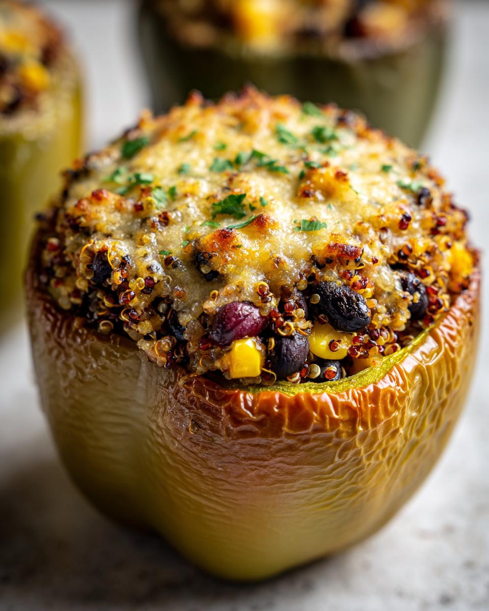 Close-up van een Zuidwestelijke Quinoa Gevulde Paprika met gesmolten kaas en peterselie.