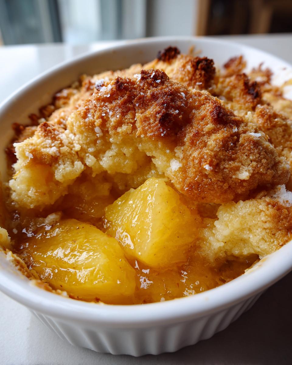Close-up van een warm, versgebakken Ananas Cobbler met goudbruine topping in een wit schaaltje.