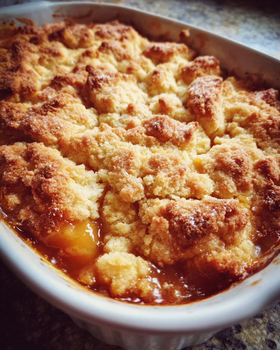 Close-up van een versgebakken Ananas Cobbler met een goudbruine, kruimelige topping in een witte ovenschaal.