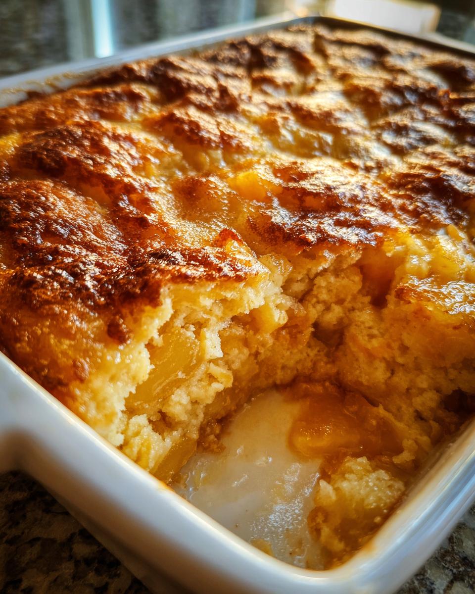 Close-up van een versgebakken Ananas Cobbler met een goudbruine korst, een hap genomen.