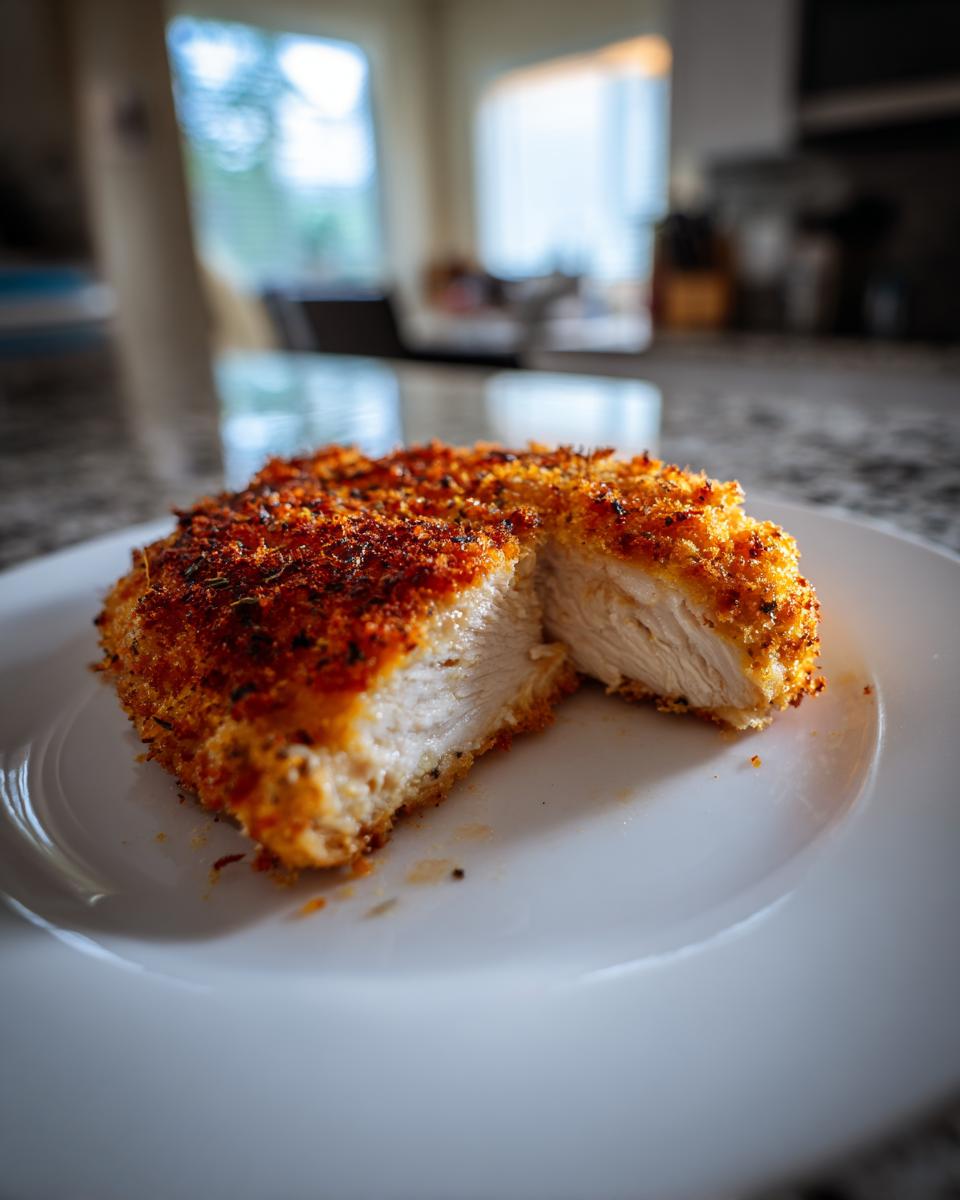 Close-up van een doormidden gesneden Baked Panko Chicken met een goudbruine, krokante korst.