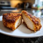 Close-up van Baked Panko Chicken doormidden gesneden, met een goudbruine, krokante korst en sappig wit vlees.