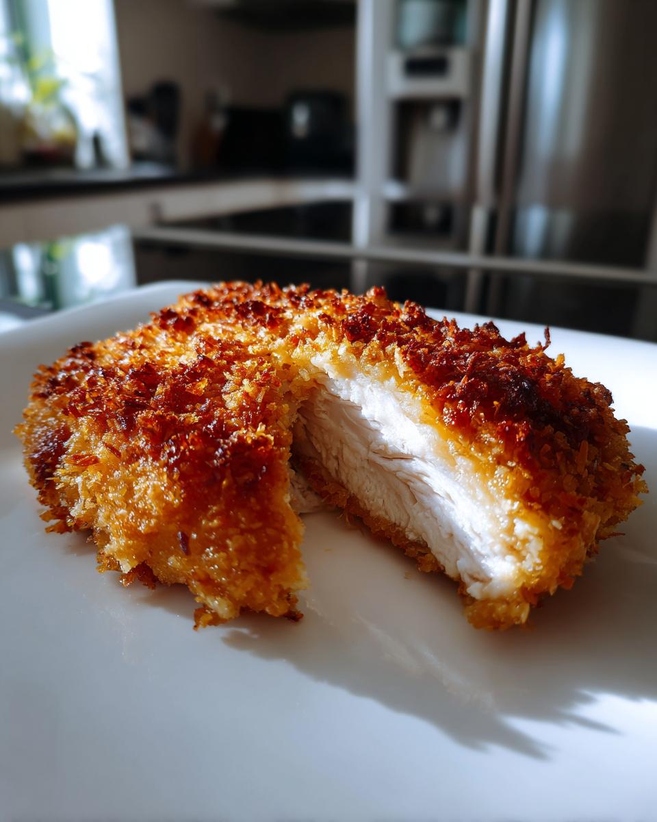 Close-up van een doormidden gesneden Baked Panko Chicken met een goudbruine, krokante korst.