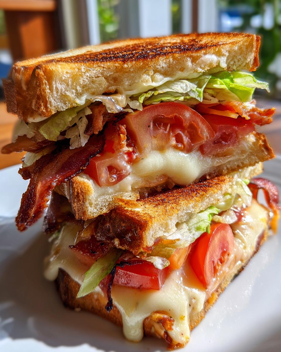 Een gestapelde BLT Egg Grilled Cheese Sandwich met knapperig brood, smeltende kaas, tomaat, sla en spek.