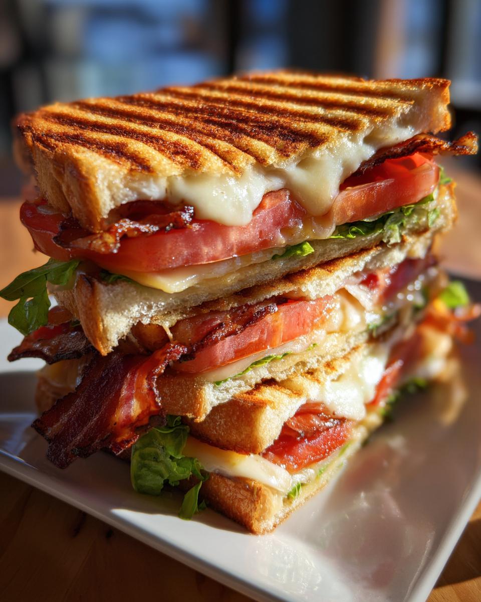 Gestapelde BLT Egg Grilled Cheese Sandwich met gegrild brood, smeltende kaas, spek en tomaat.